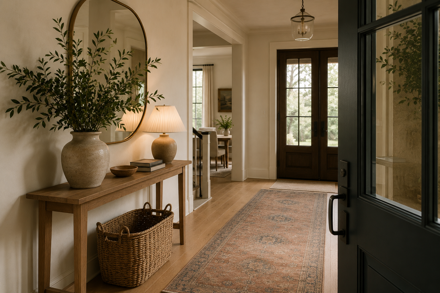 Beautiful home entryway with a natural wood console, rounded mirror, ceramic vase, warm lighting, and a textured runner.