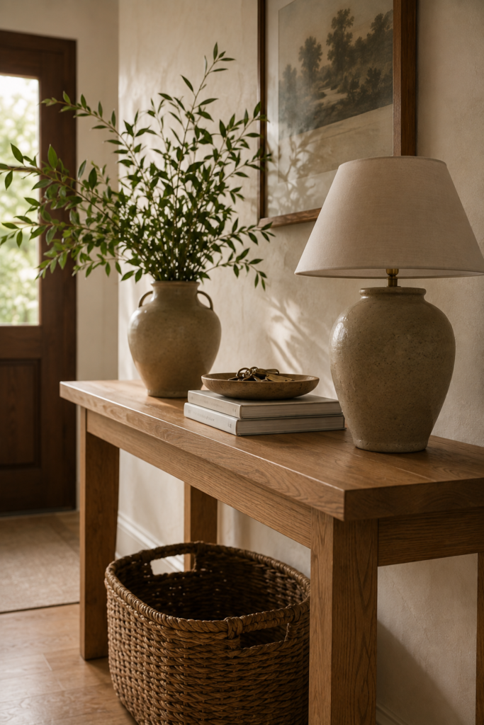 Welcoming entryway with a natural oak console table styled with a ceramic lamp, branches, books, and a decorative bowl.