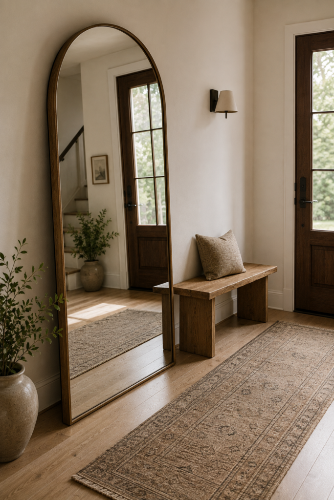 Stylish entryway with a large arched mirror reflecting natural light beside a simple wood bench.