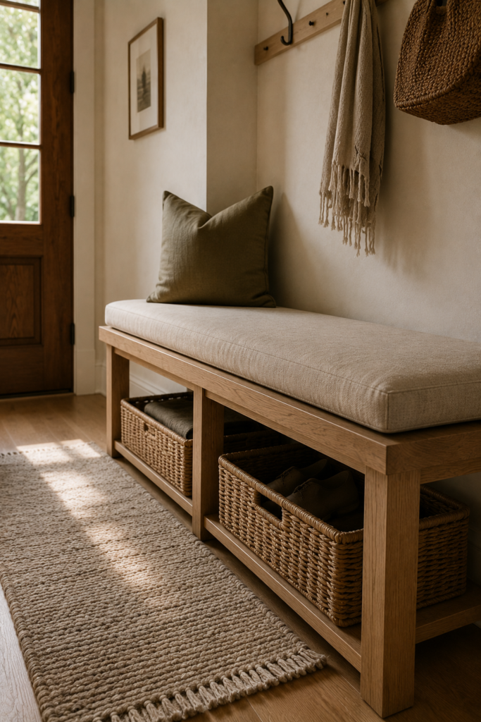 Functional entryway with an oak storage bench, soft cushion, woven baskets, and simple wall hooks.