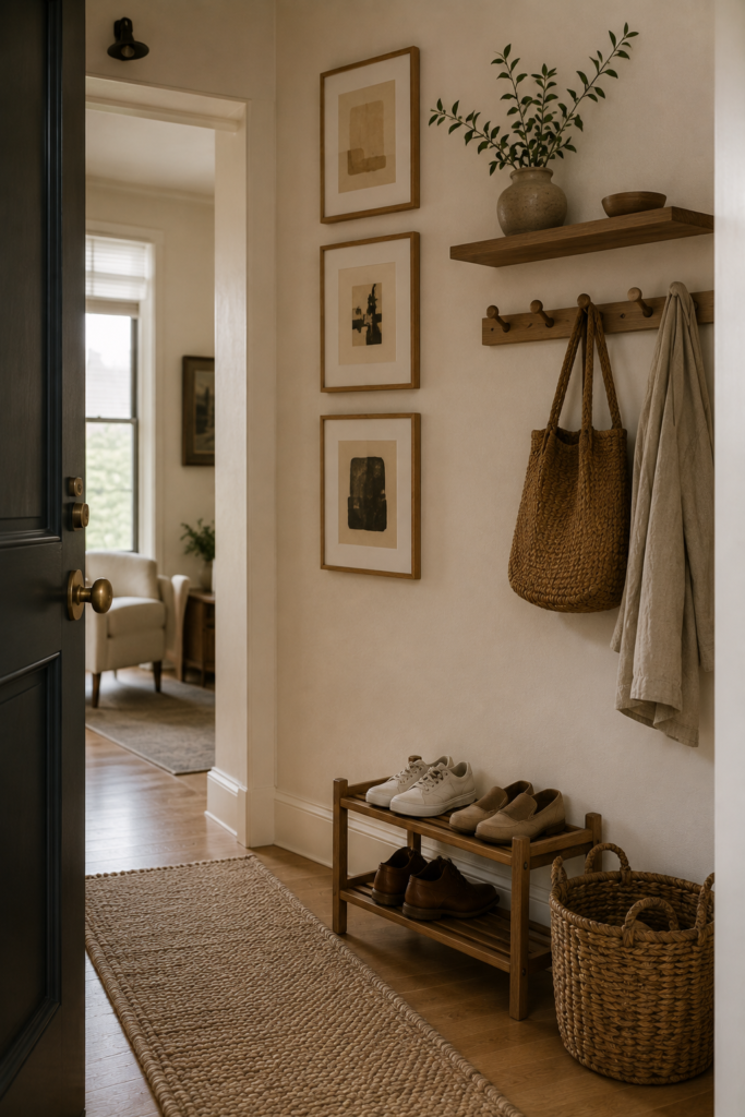 Small apartment entryway using vertical wall space with floating storage, hooks, framed artwork, and compact shoe storage.