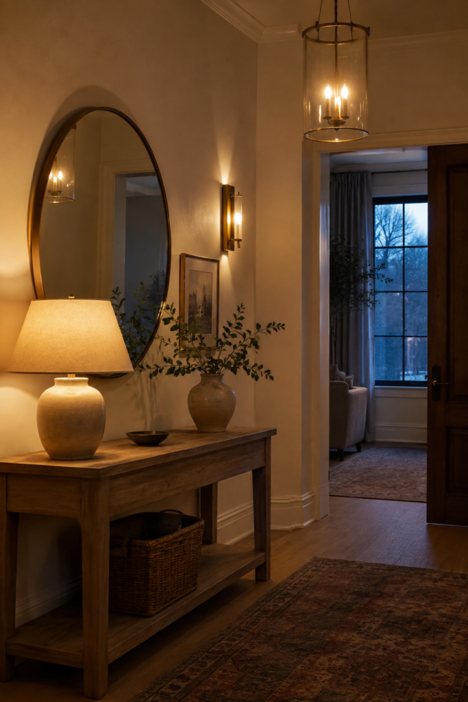 Warm entryway with layered lighting from a table lamp, wall sconce, and pendant light around a natural wood console.