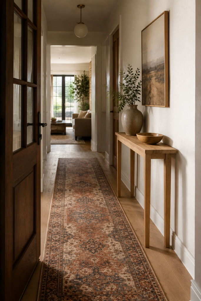 Narrow entryway with a long patterned runner in warm terracotta, dusty blue, cream, and brown tones.