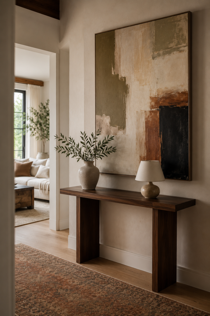 Elegant entryway with large abstract artwork above a walnut console table and simple ceramic decor.