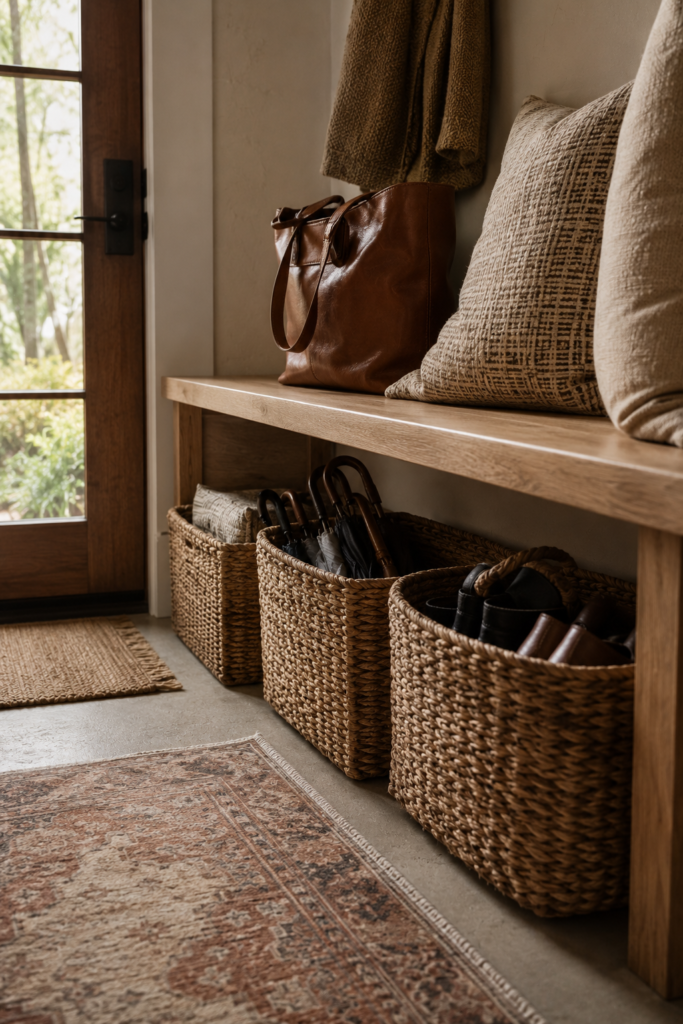 Organized entryway with woven baskets under a natural wood bench for storing shoes, umbrellas, and everyday items.