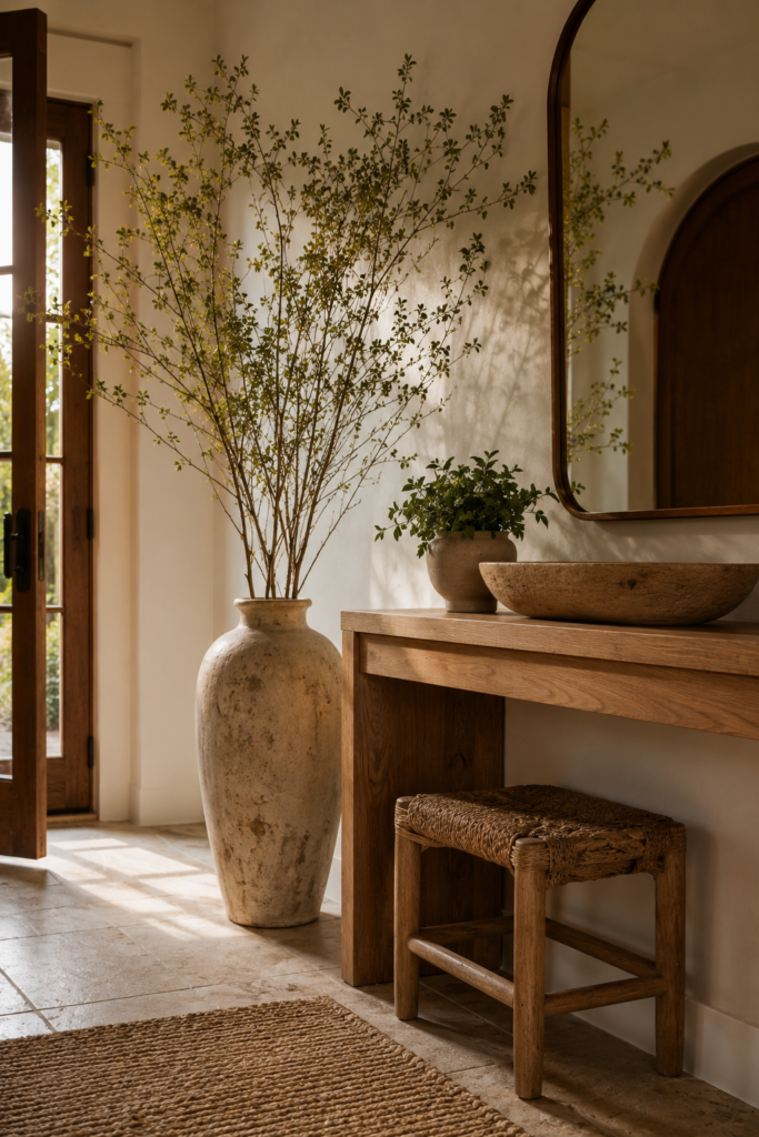 Organic entryway decor with tall branches, handmade ceramics, natural wood, greenery, and woven textures.