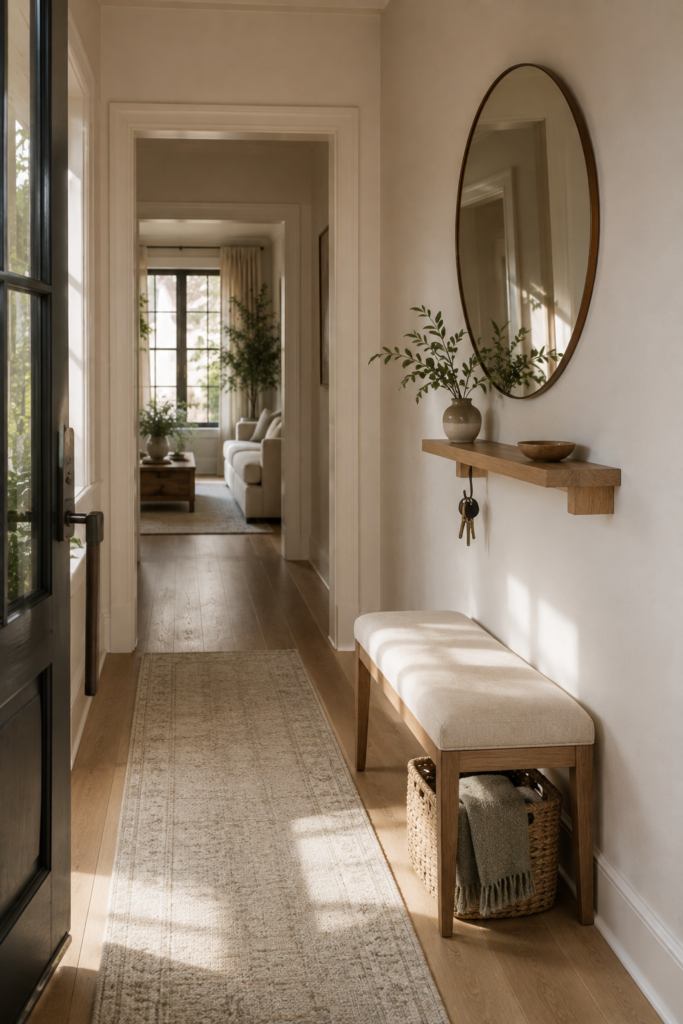 Simple small entryway with a slim shelf, upholstered bench, round mirror, woven basket, and open functional layout.