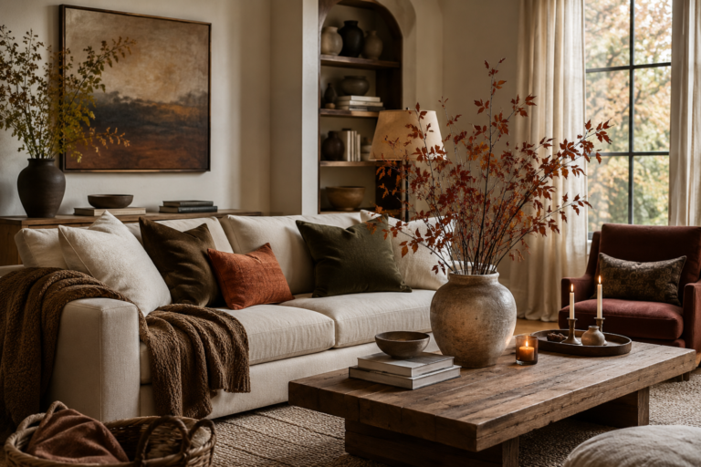 Elegant fall living room with warm textiles, rust and olive accents, autumn branches, candles, and natural wood decor.