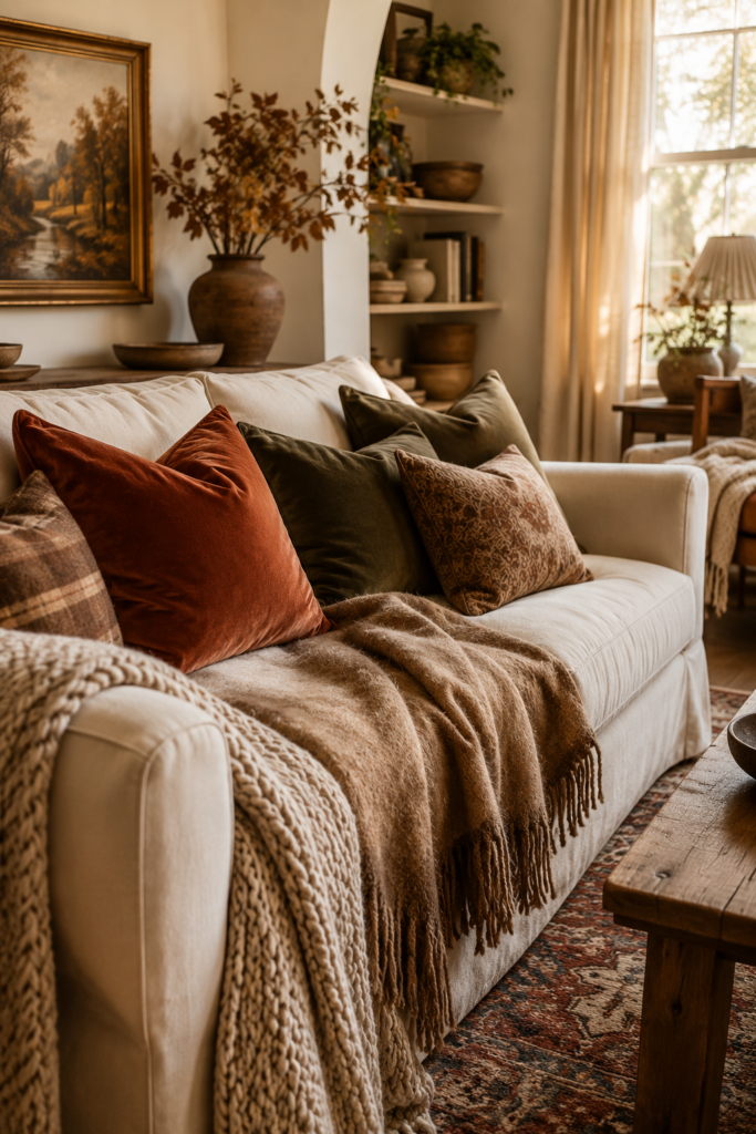 Cozy fall living room with a cream sofa layered with rust velvet pillows, olive cushions, and warm textured throws.