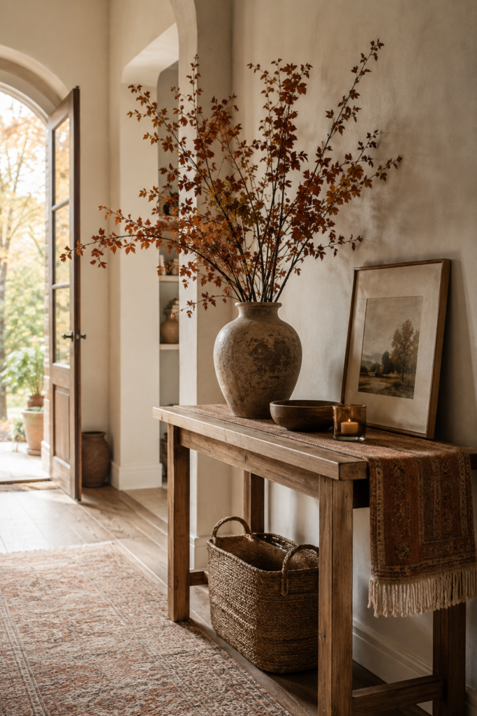 Elegant fall entryway with a natural oak console, ceramic vase of autumn branches, woven basket, and warm seasonal accents.