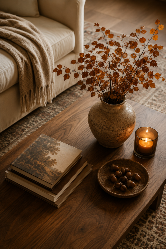 Cozy fall coffee table styled with art books, a ceramic vase, dried branches, candle, and natural seasonal accents.