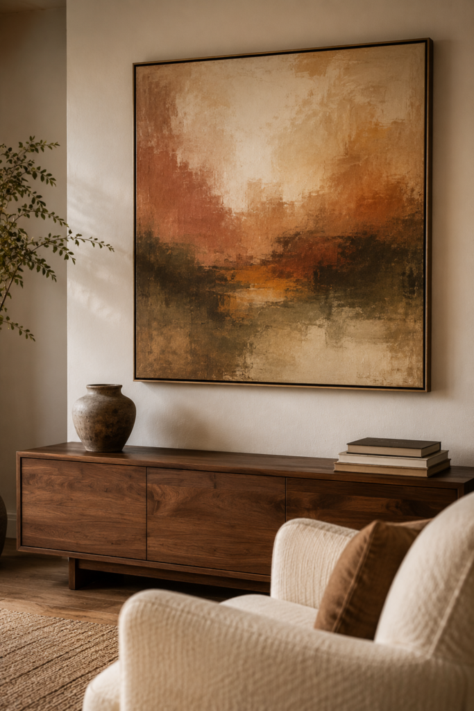 Sophisticated living room with abstract wall art in terracotta, ochre, olive, cream, and deep brown fall tones.