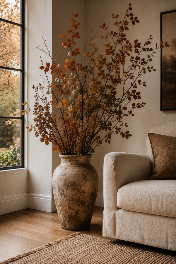Large ceramic floor vase filled with tall autumn branches and dried foliage beside a cozy chair in a fall-inspired living room.