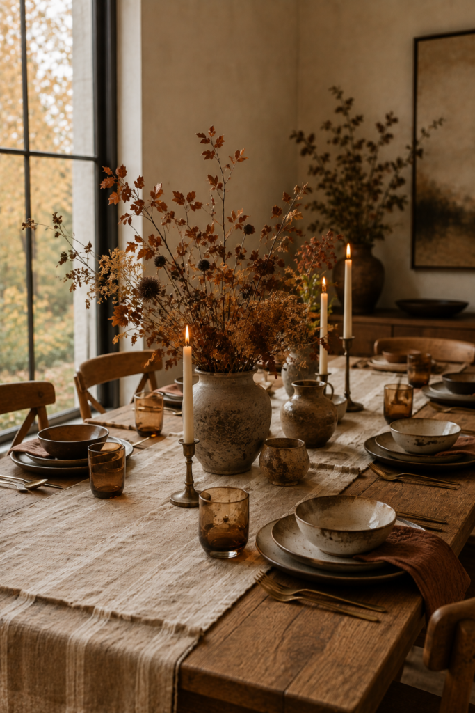 Warm fall dining table with an oatmeal linen runner, handmade ceramics, amber glassware, taper candles, and dried flowers.