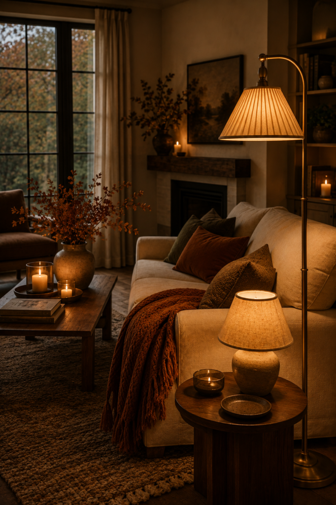 Cozy fall living room with warm brass lighting, glowing candles, textured throws, and soft evening ambience.