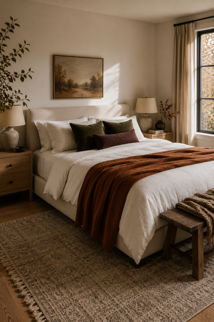 Elegant fall bedroom with cream bedding, deep olive pillows, a rust linen throw, plum accents, and natural oak furniture.