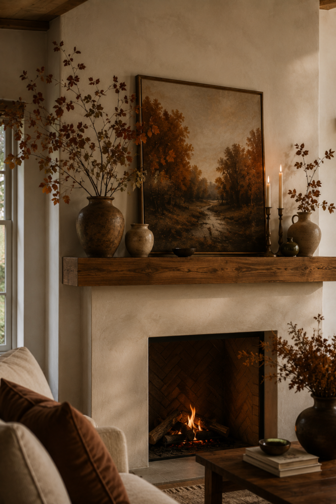 Sophisticated fall mantel with autumn artwork, handmade ceramics, taper candles, natural branches, and warm wood details.