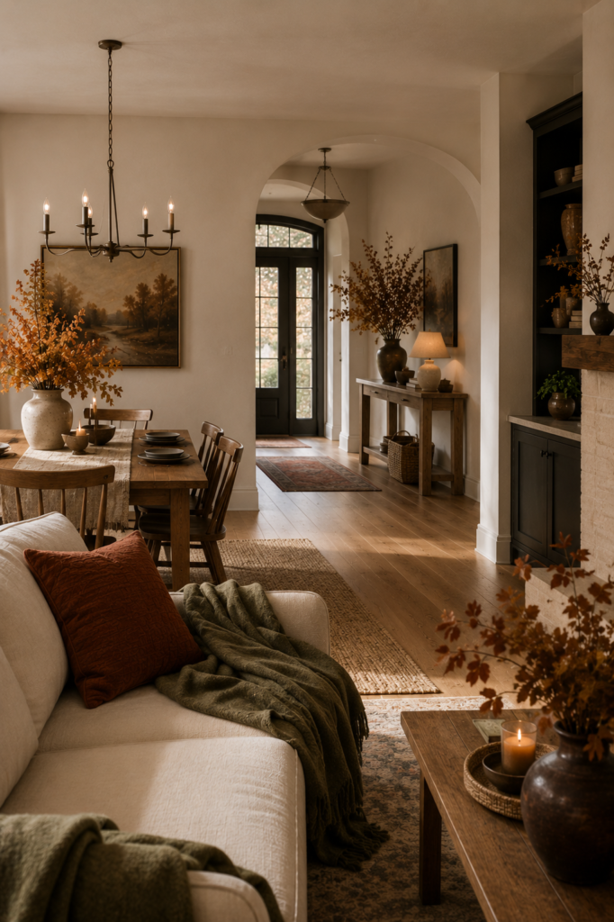 Open-plan home with coordinated fall decor using subtle rust, olive, warm cream, brown, and natural autumn accents.