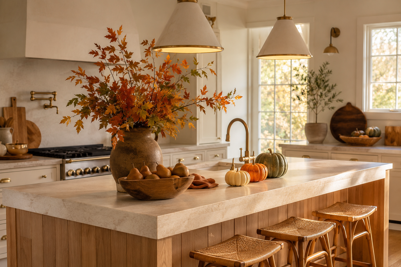 Warm fall kitchen with white cabinets, seasonal pumpkins, autumn branches, natural wood accents, and cozy lighting.