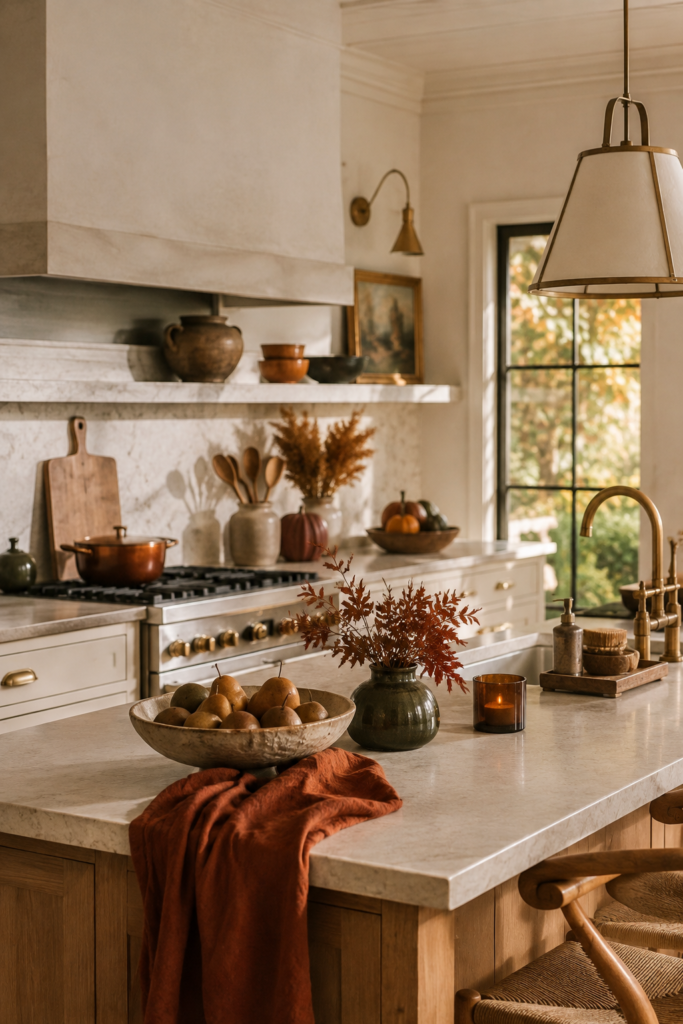 Elegant kitchen decorated with muted rust, olive, mustard, and warm brown fall accents.