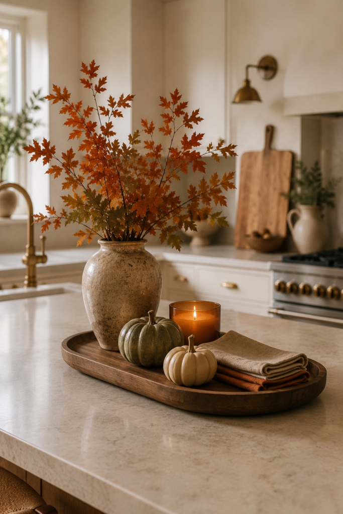 Fall kitchen countertop styled with pumpkins, autumn branches, a candle, linen napkins, and natural wood decor.