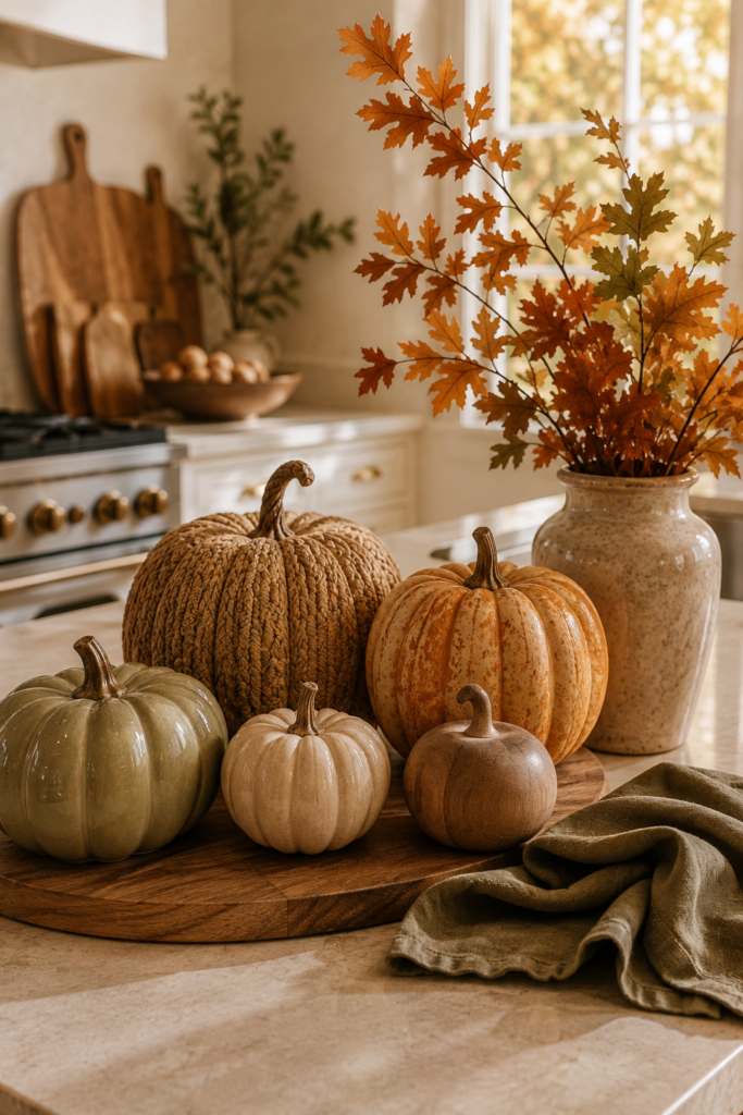 Fall kitchen decorated with ceramic, woven, wooden, and natural pumpkins in soft neutral seasonal colors.