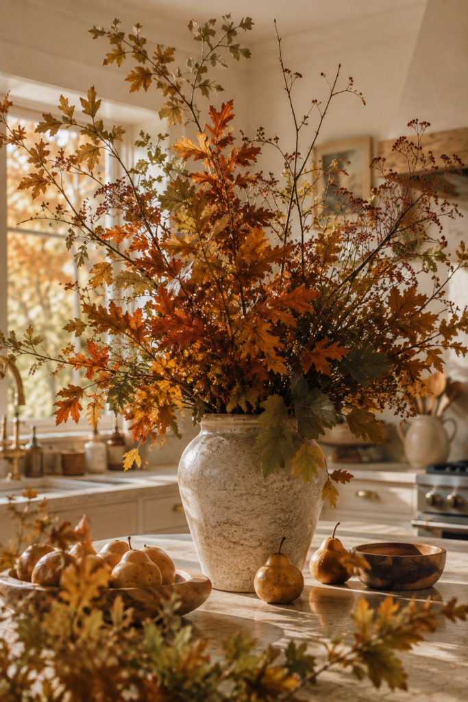 Kitchen island decorated with a large ceramic vase filled with autumn branches, greenery, and seasonal fruit.