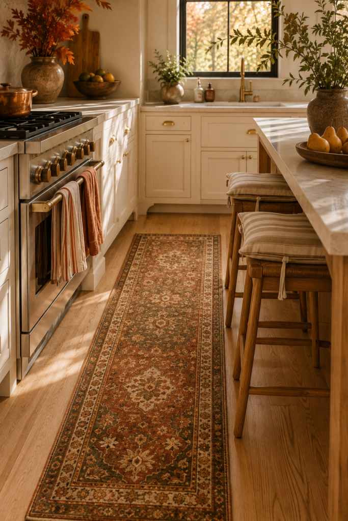 Cozy fall kitchen with a patterned runner, striped linen towels, and warm-toned seat cushions.