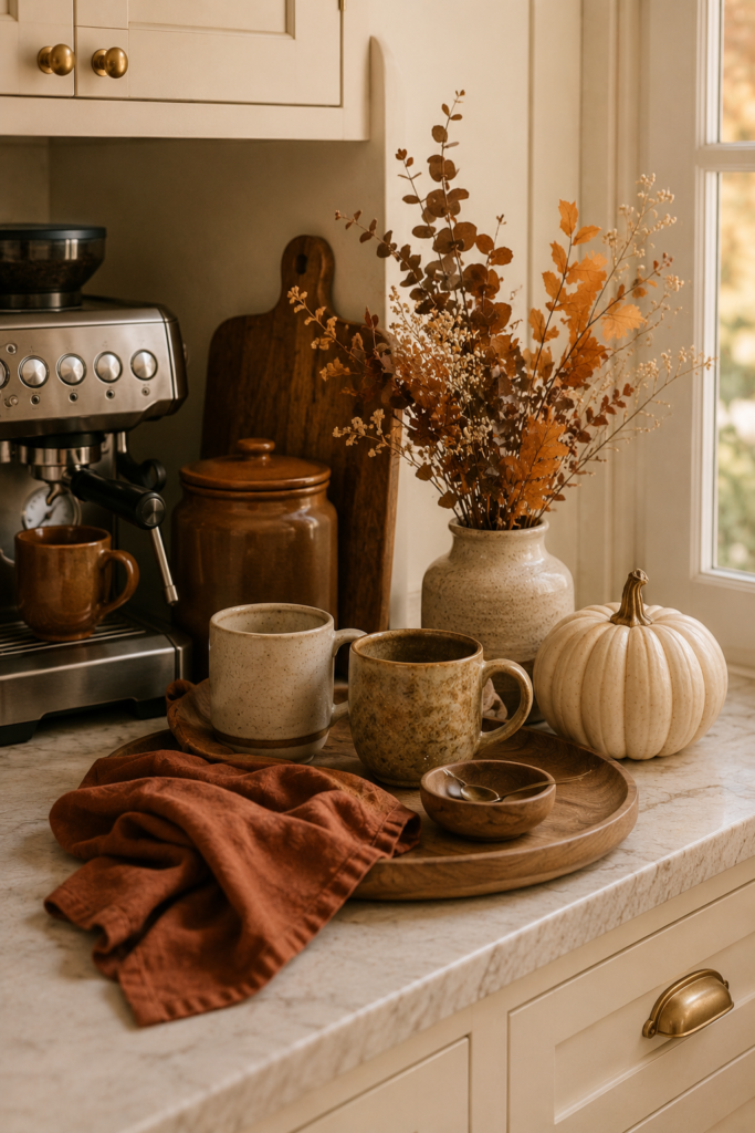 Cozy fall coffee station with ceramic mugs, a wood tray, autumn stems, warm-toned decor, and a small pumpkin.