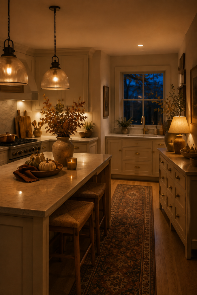 Cozy fall kitchen with warm pendant lights, under-cabinet lighting, autumn branches, and subtle seasonal decor.