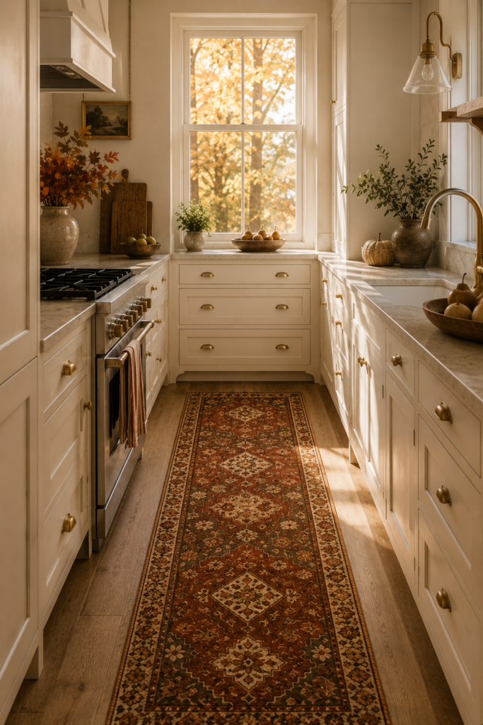Narrow fall kitchen with warm white cabinets and a long patterned runner in rust, red, olive, and cream.