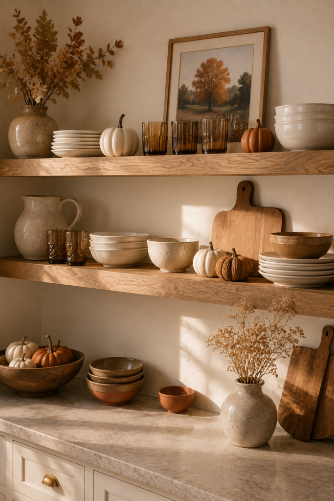Open kitchen shelves styled for fall with ceramic dishes, amber glassware, pumpkins, dried stems, and autumn decor.