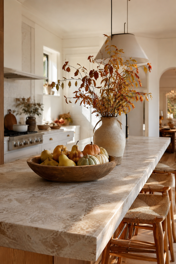 Elegant fall kitchen island with a wooden bowl of pears and pumpkins, autumn branches, oak stools, and warm white cabinetry.