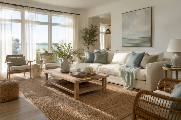 Bright coastal living room with a cream linen sofa, natural wood furniture, sea-glass blue accents, woven textures, and sheer curtains.