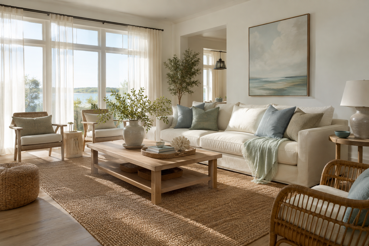 Bright coastal living room with a cream linen sofa, natural wood furniture, sea-glass blue accents, woven textures, and sheer curtains.