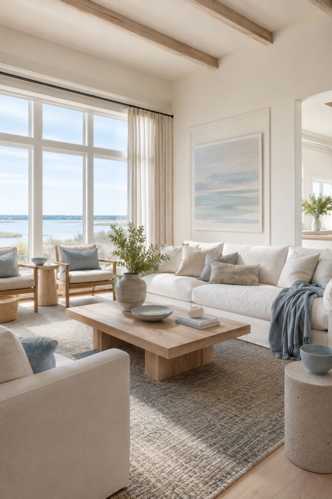 Light coastal living room with warm white walls, cream furniture, sandy beige decor, and soft sea-glass blue accents.