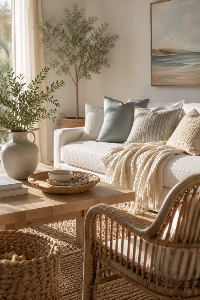 Coastal living room layered with linen, light wood, jute, rattan, wool, woven baskets, and handmade ceramic decor.