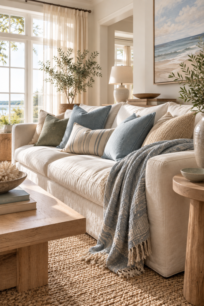 Relaxed cream linen sofa styled with soft blue, muted green, and sandy beige pillows in a coastal living room.