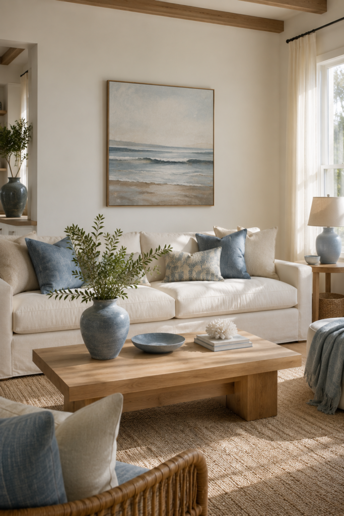 Neutral coastal living room with subtle dusty blue pillows, ceramic decor, and ocean-inspired abstract artwork.