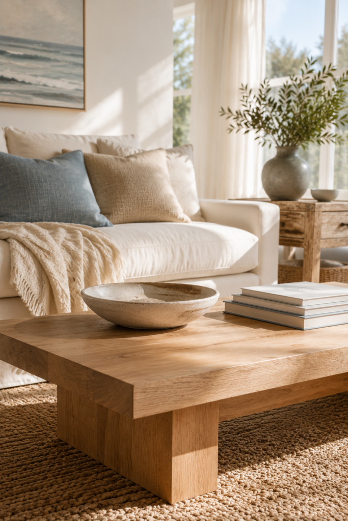 Bright coastal living room with a light oak coffee table, weathered wood accents, cream linen seating, and natural decor.