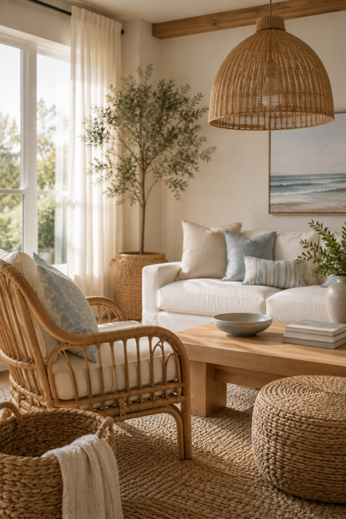Coastal living room with a rattan chair, woven pendant light, seagrass basket, textured ottoman, and cream linen sofa.