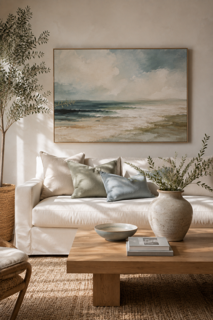 Coastal living room with large abstract ocean-inspired artwork above a cream sofa and natural wood coffee table.