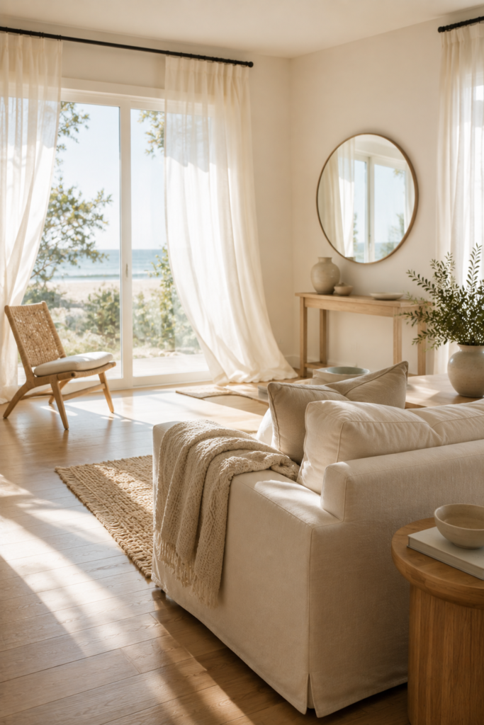 Sun-filled coastal living room with large windows, sheer linen curtains, a cream sofa, and a mirror reflecting natural light.