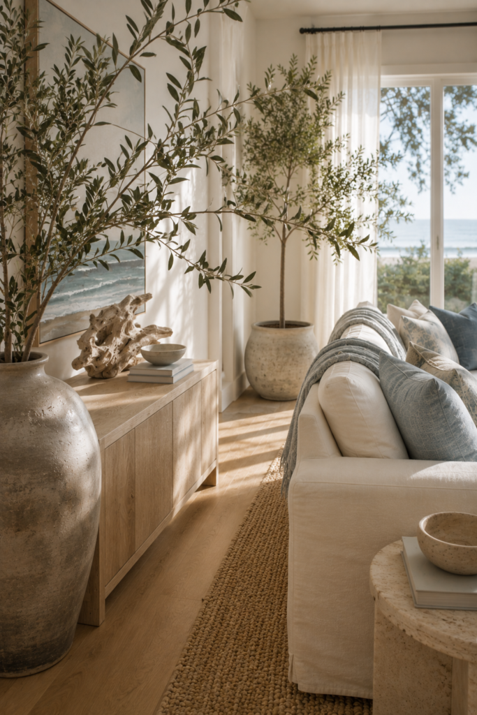 Coastal living room with leafy branches, an indoor tree, handmade ceramics, natural wood, stone decor, and cream linen seating.