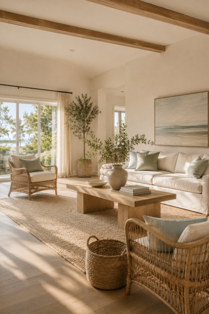 Relaxed uncluttered coastal living room with cream seating, woven chairs, light wood furniture, soft blue accents, and natural textures.