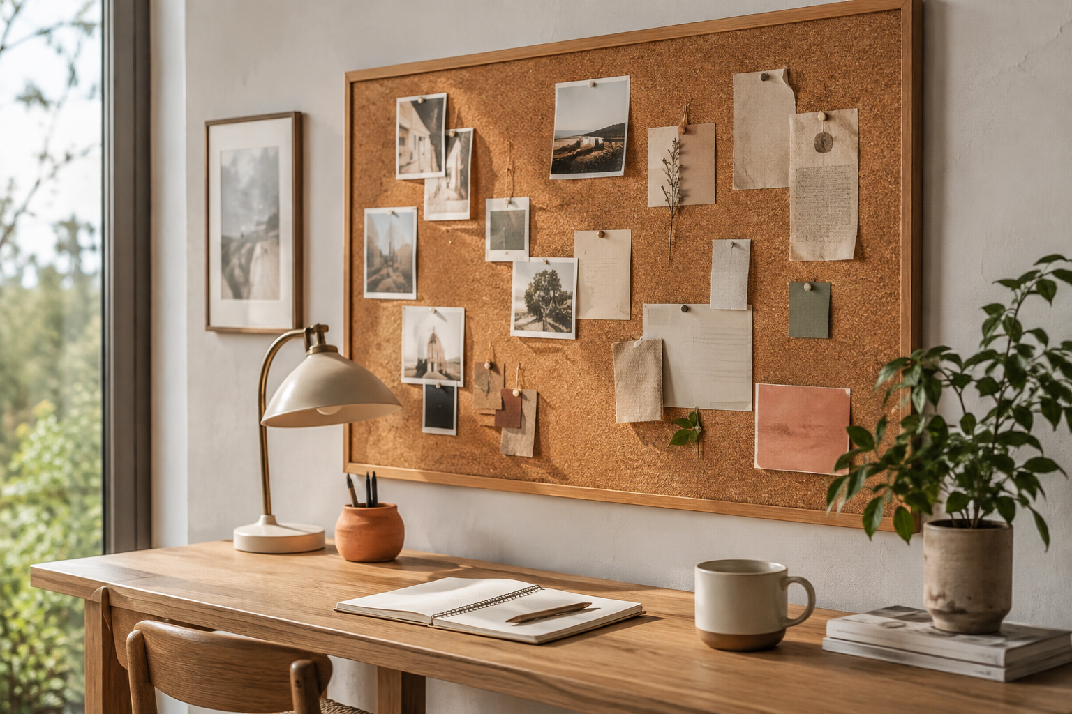 Stylish home workspace with a natural cork board filled with photos, notes, postcards, and inspiration above a wooden desk.