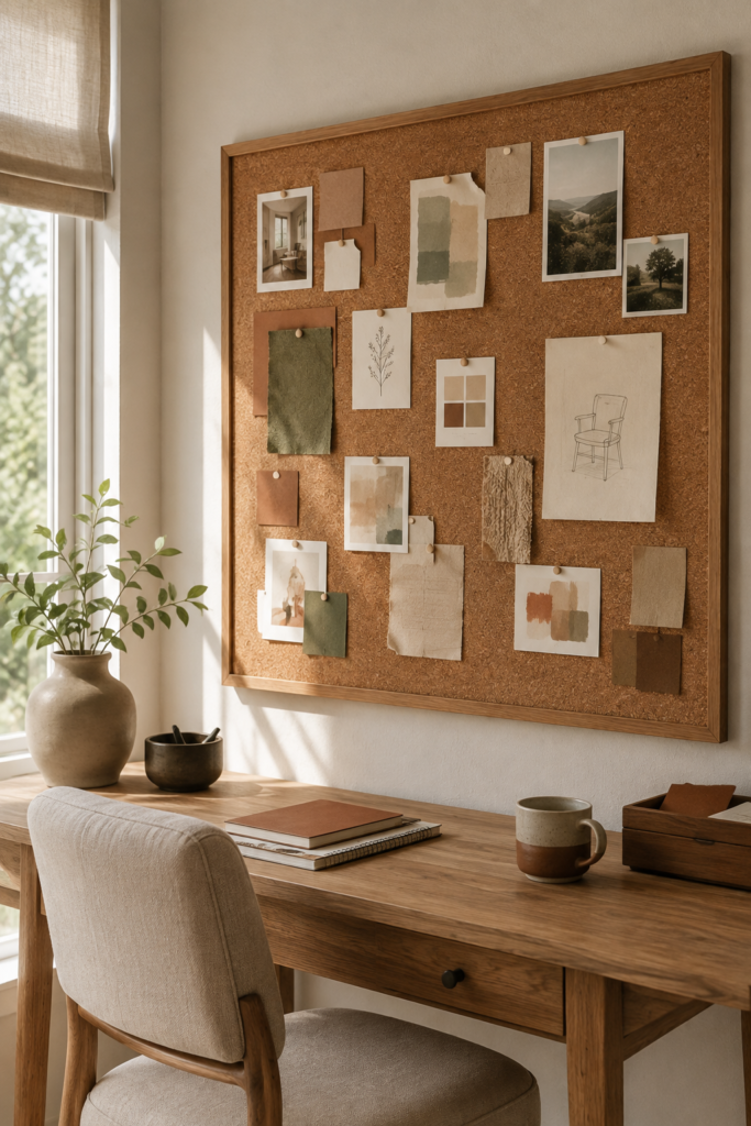 Large framed cork board used as a home office inspiration board with photos, color samples, postcards, and creative ideas.