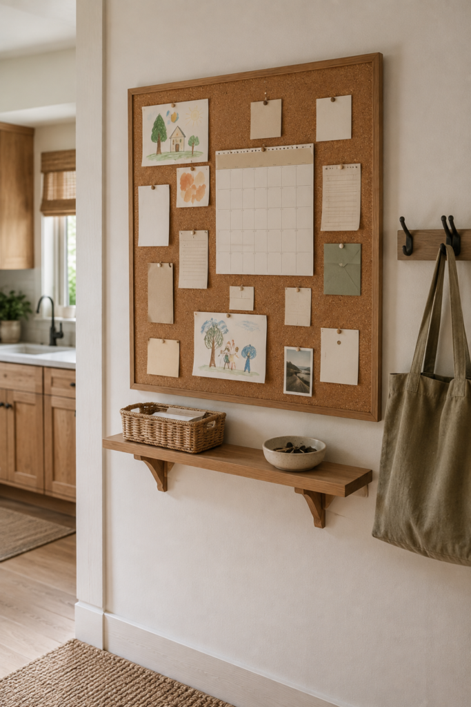 Practical family command center with a cork board, reminders, artwork, notes, a wood shelf, and everyday storage.