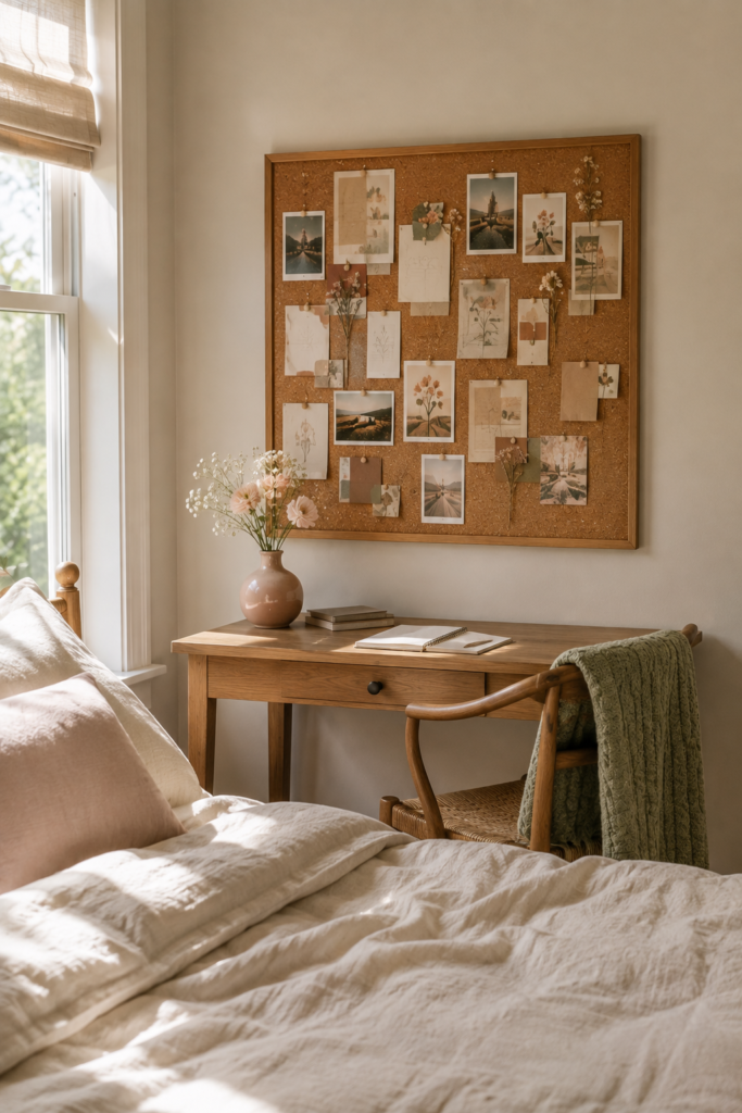Small bedroom cork board mood board decorated with personal photos, postcards, art prints, dried flowers, and inspiration.