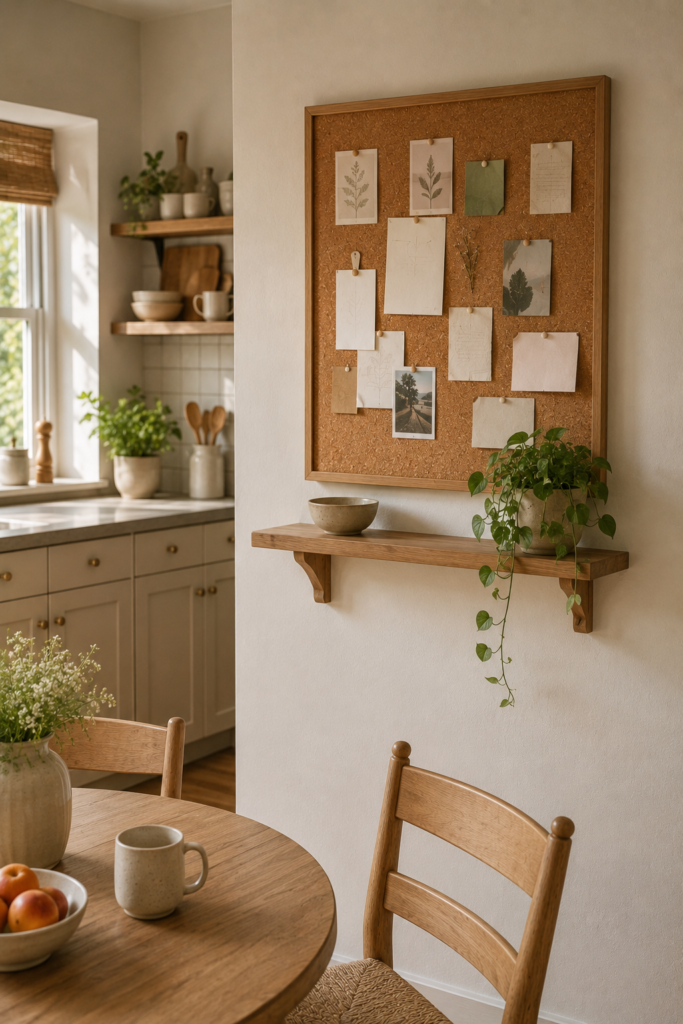 Kitchen cork board near a breakfast nook displaying recipes, notes, reminders, and simple everyday organization.